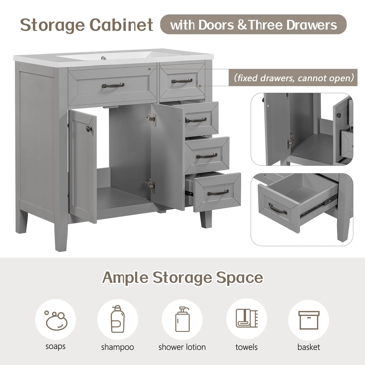 36" Grey Bathroom Vanity with Sink and Storage Cabinet I99992