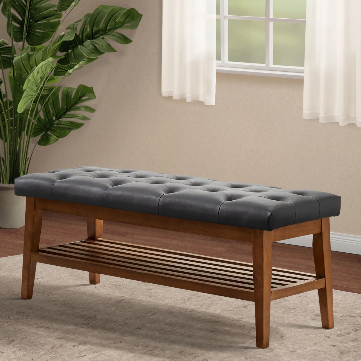 Black Button-Tufted Upholstered Shoe Bench with Solid Wood Shelf J731869