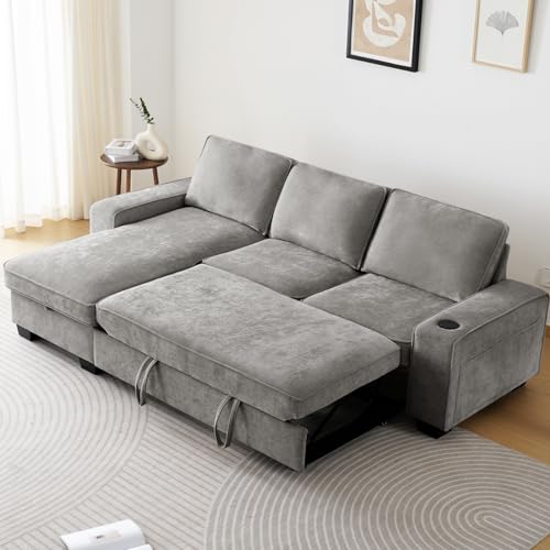 99" Convertible Sleeper Sofa Bed L Shaped with Storage Chaise Pull Out Couch Chenille Covers (Gray) S5371