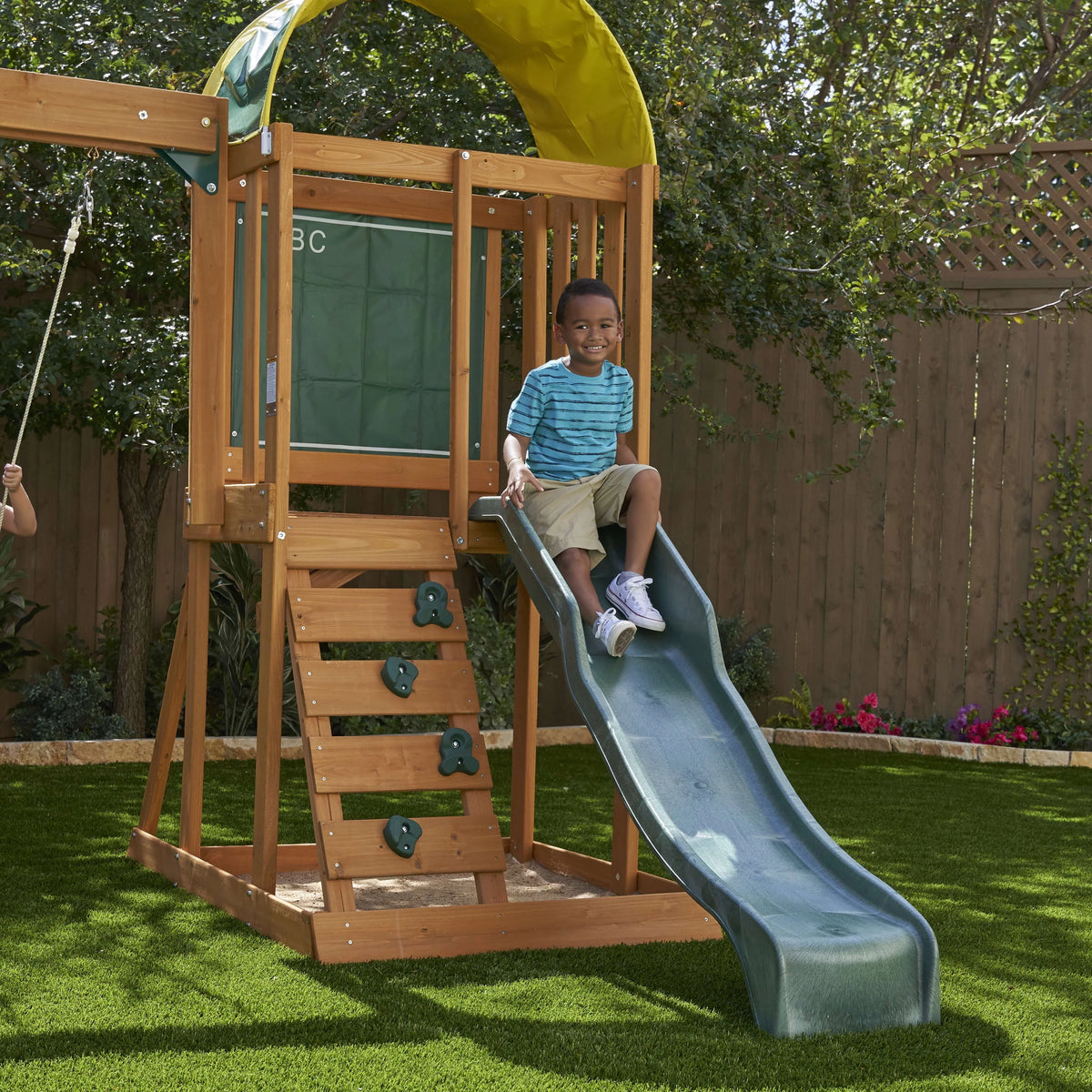 Wooden Outdoor Swing Set with Slide and Rock Wall V6844