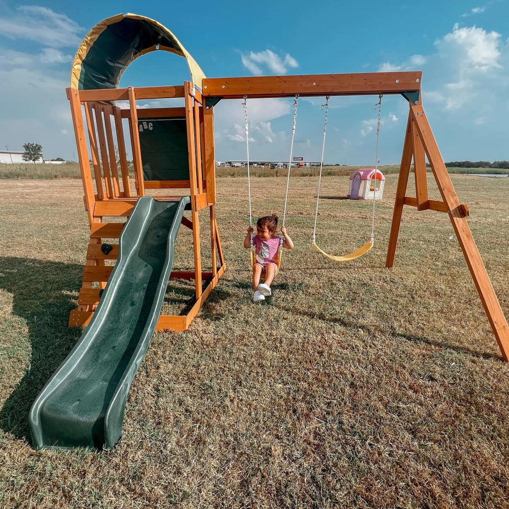 Wooden Outdoor Swing Set with Slide and Rock Wall V6844