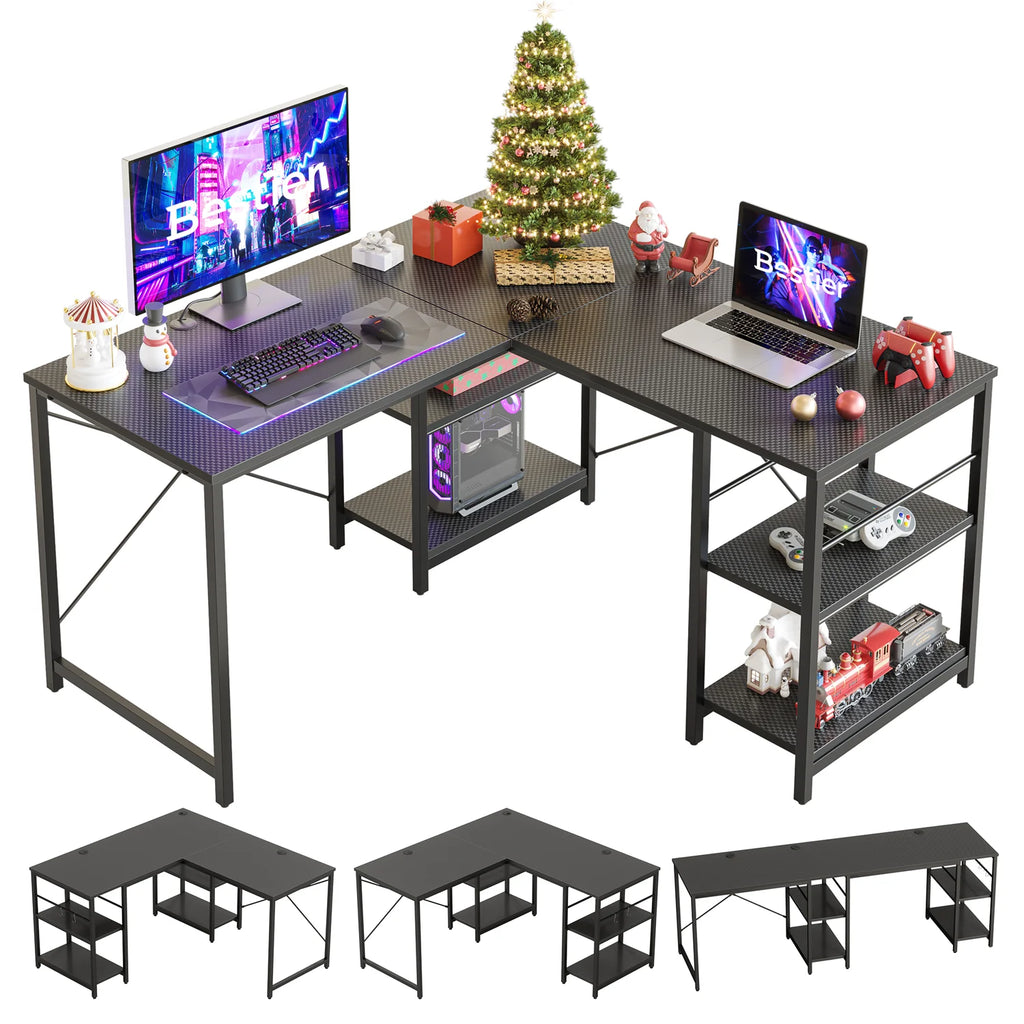86.6 inch L-Shaped Reversible Computer Desk with Shelves I1110