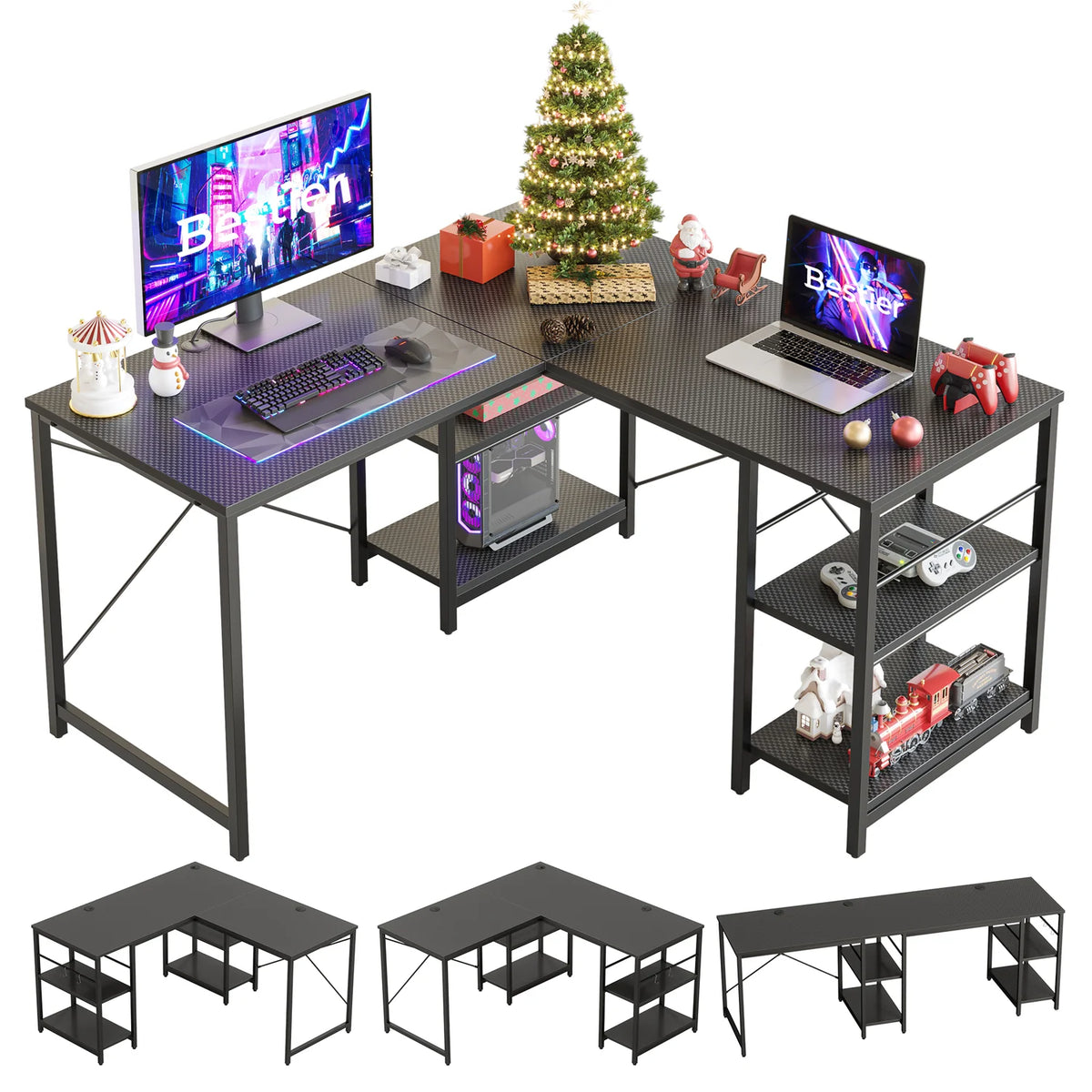86.6 inch L-Shaped Reversible Computer Desk with Shelves I1110