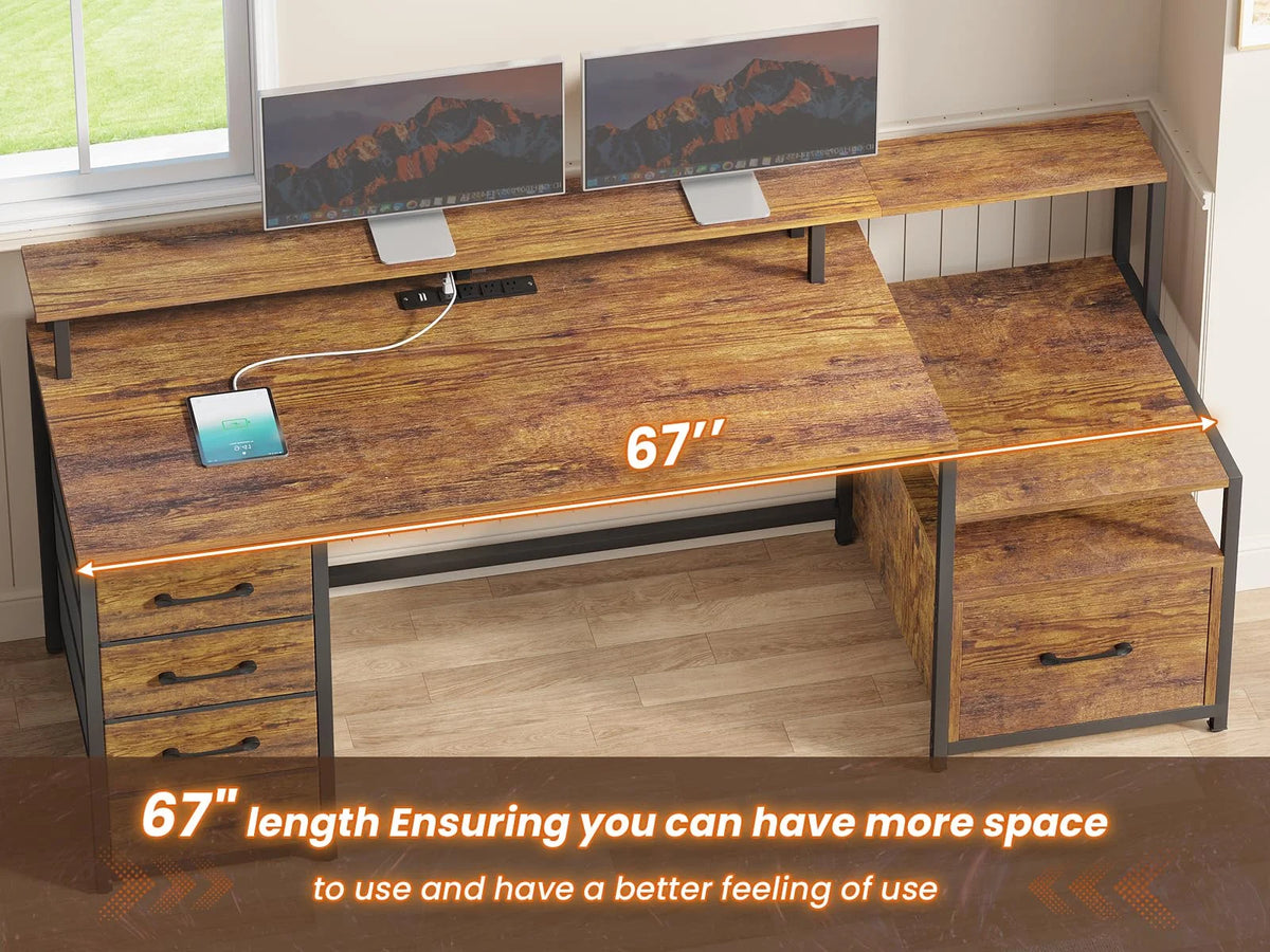 66'' Computer Desk with 4 Drawer and Storage Shelves J310