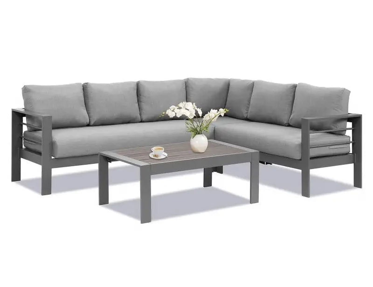 Grey Aluminum Corner Sectional Sofa with Dark Grey Cushions Y676761