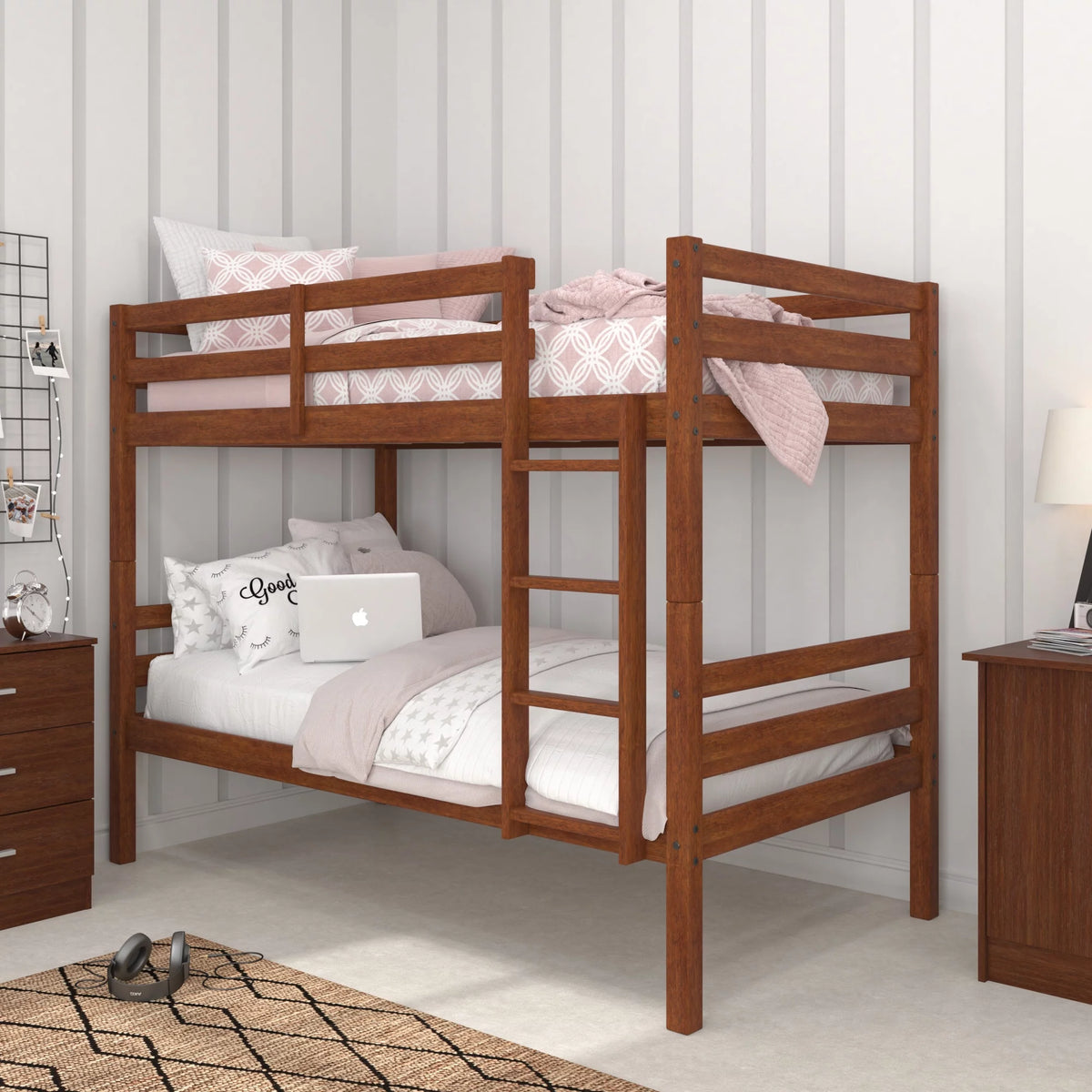 White Wood Twin over Twin Convertible Bunk Bed P6436