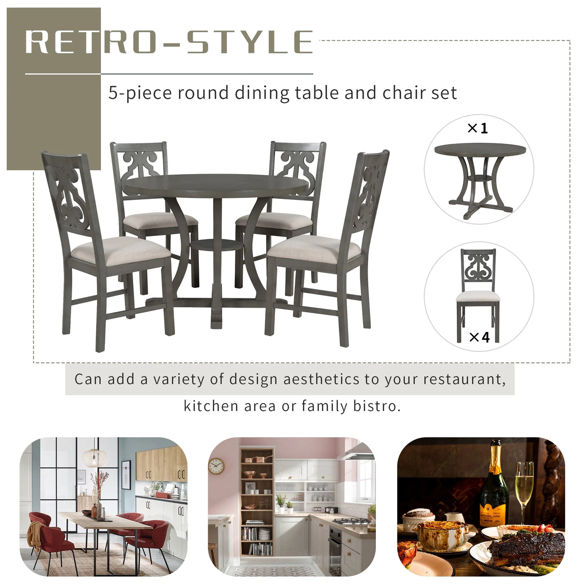 Antique Gray 5 Piece Wooden Dining Table and Chairs Set Q901