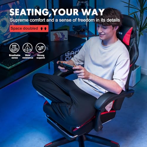 Black High Back Leather Ergonomic Gaming Chair with Footrest W408451