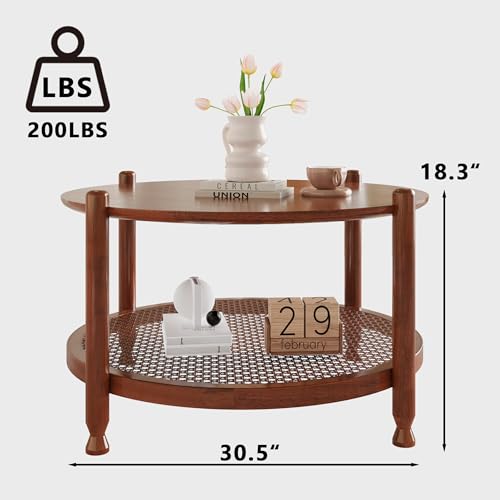 32" Round 2-Tier Wood Coffee Table with Rattan Storage Shelf U343304