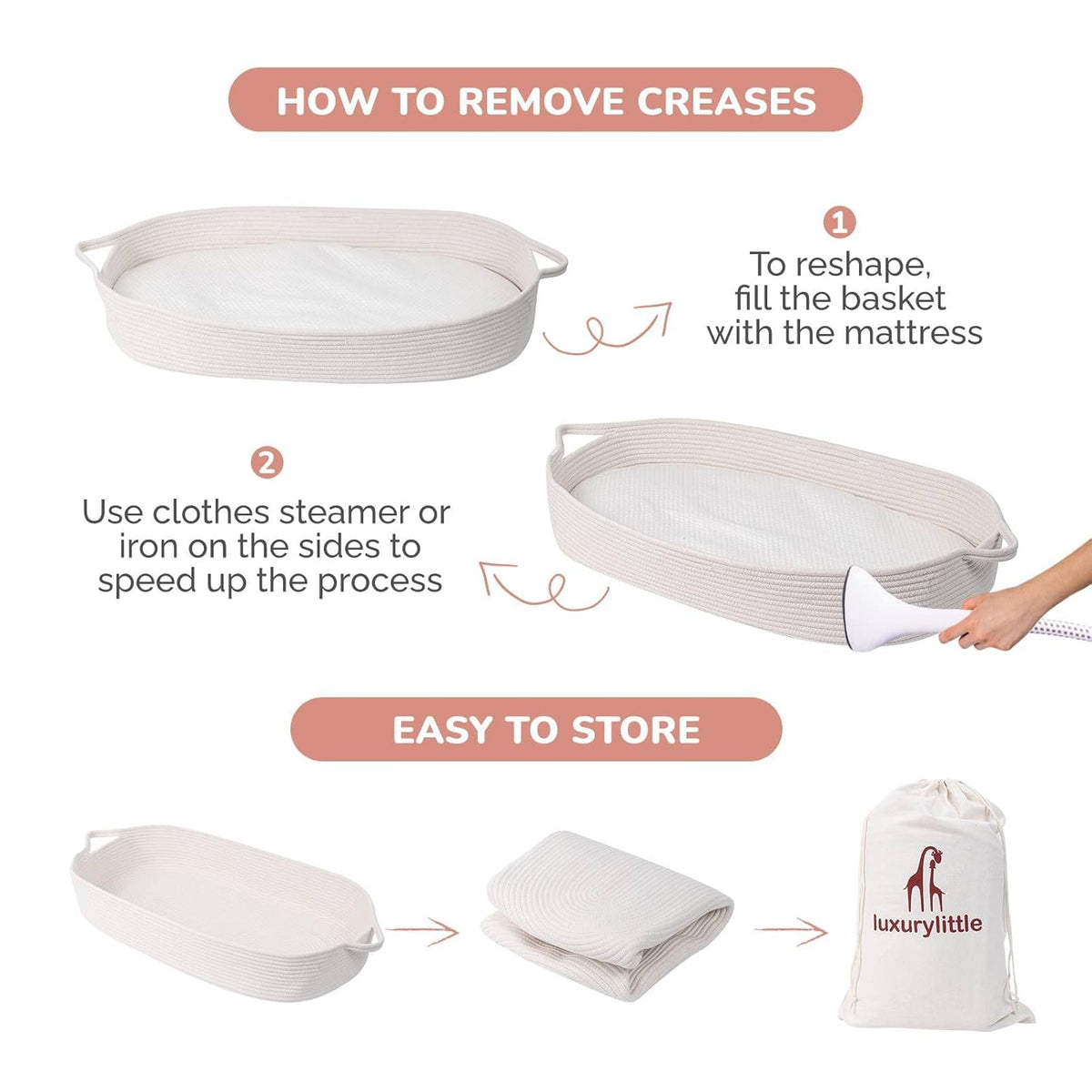 Baby Changing Moses Basket with Memory Foam Mattress, 100% Cotton Rope A613505