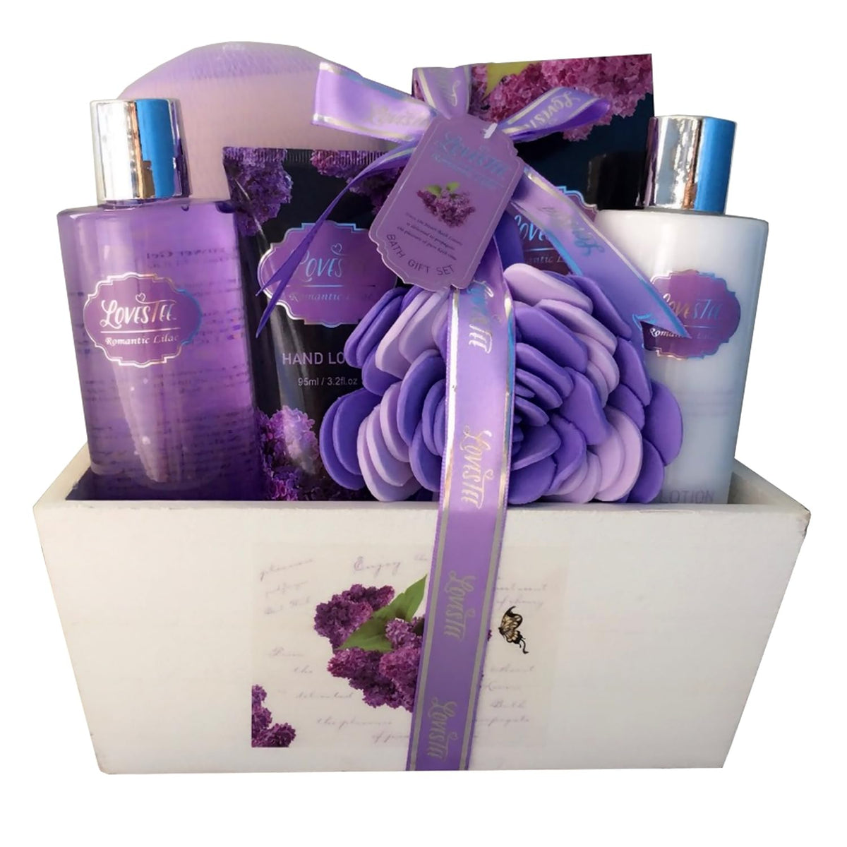 Lavender Bath and Body Set with Shower Gel, Body Lotion, Hand Lotion, Bath Salt, Flower Sponge and EVA Sponge N89904
