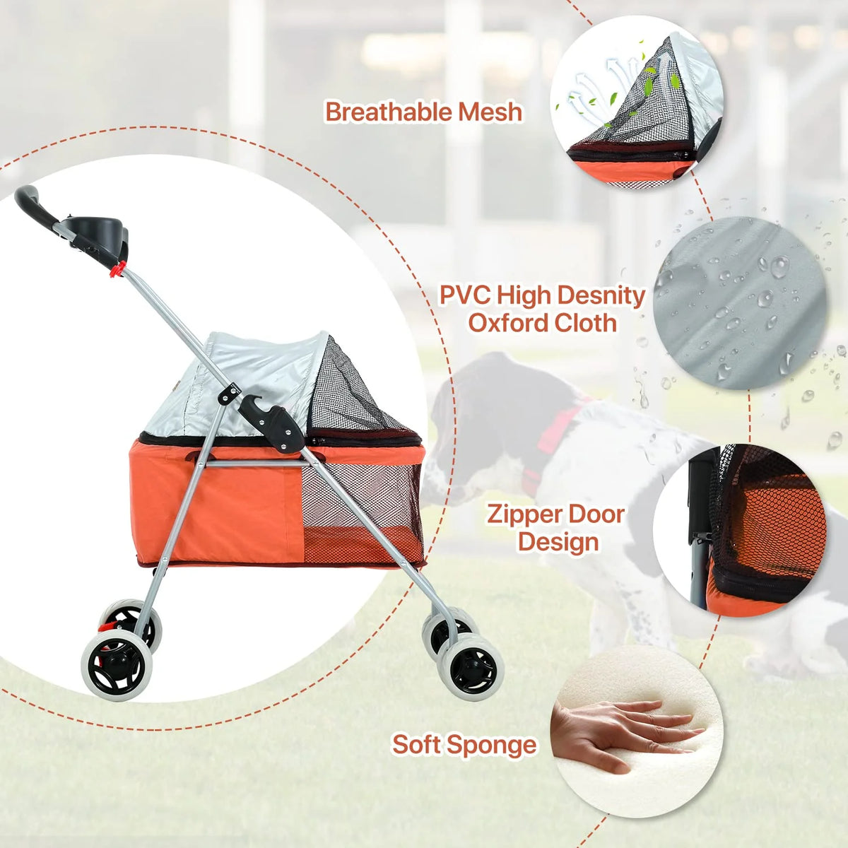 Orange Folding Dog Stroller with 4 Wheels J759641