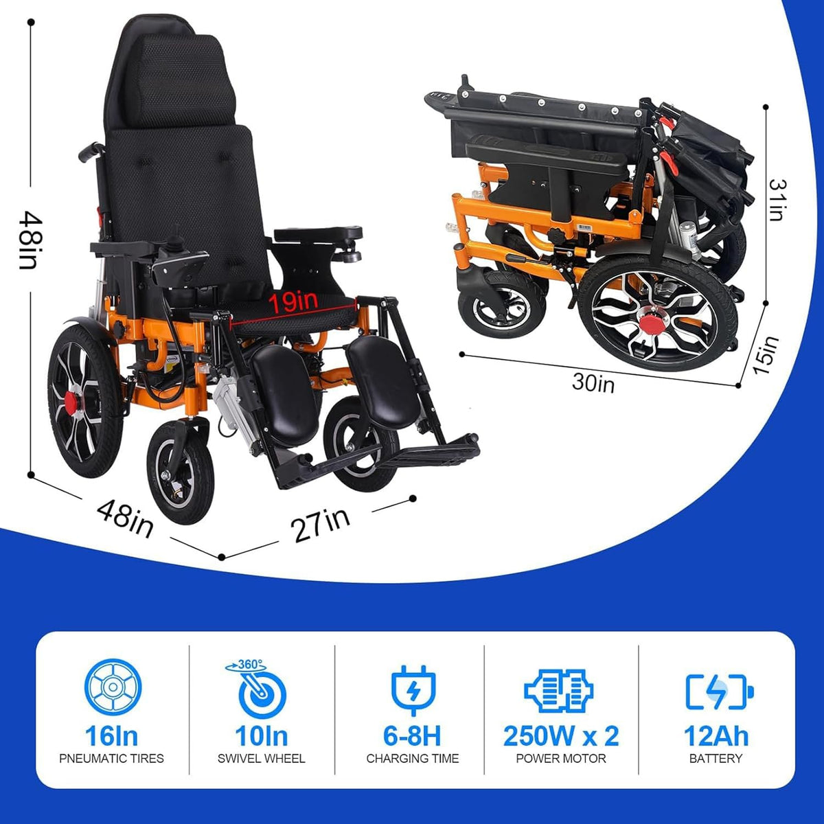 Reclining Foldable Electric Wheelchair with Adjustable Backrest and Pedal, 500W Motor, 20 Mile Range, 12AH Lithium Battery V949246