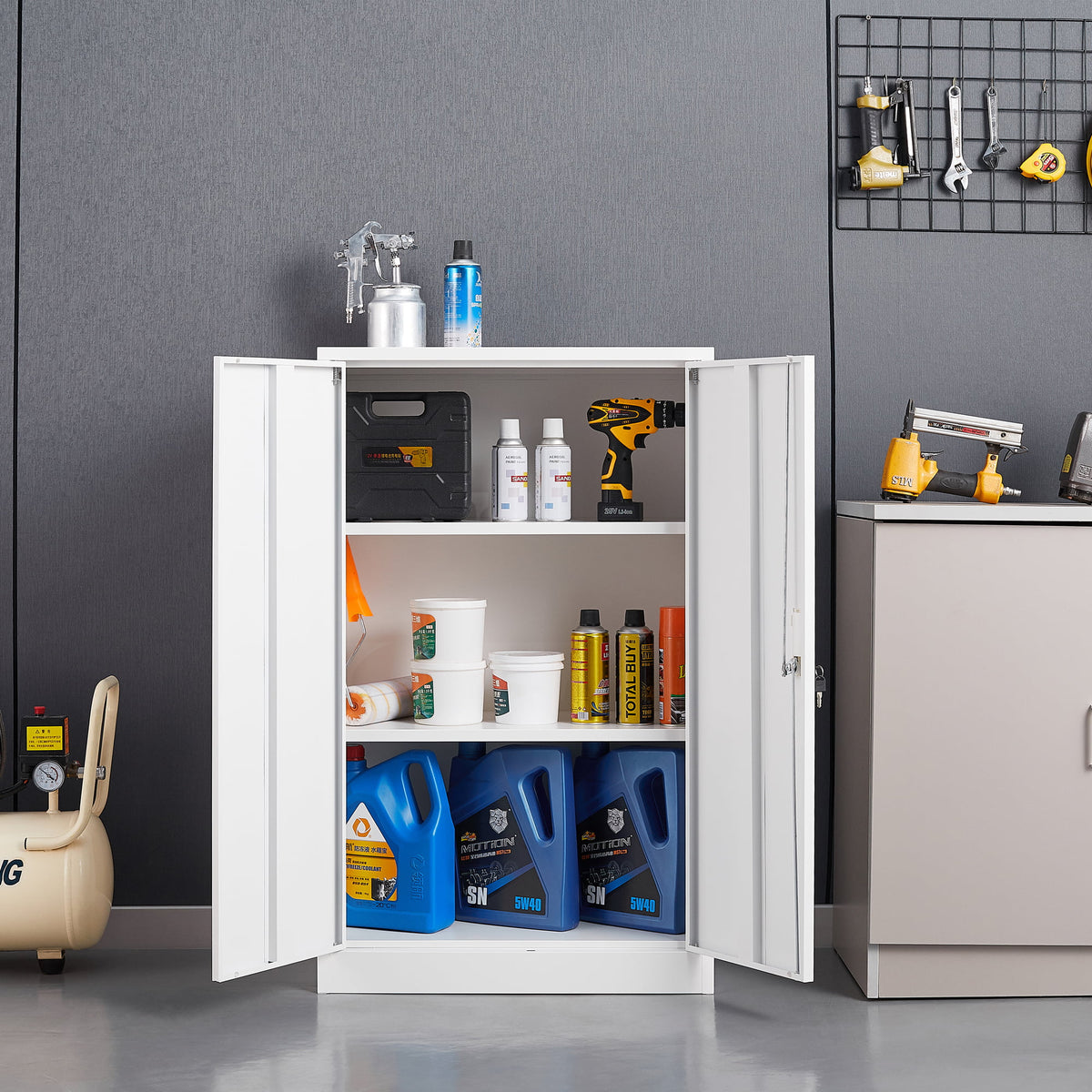 White 42 inch Metal Storage Cabinet with Adjustable Shelves and Locking Doors V732