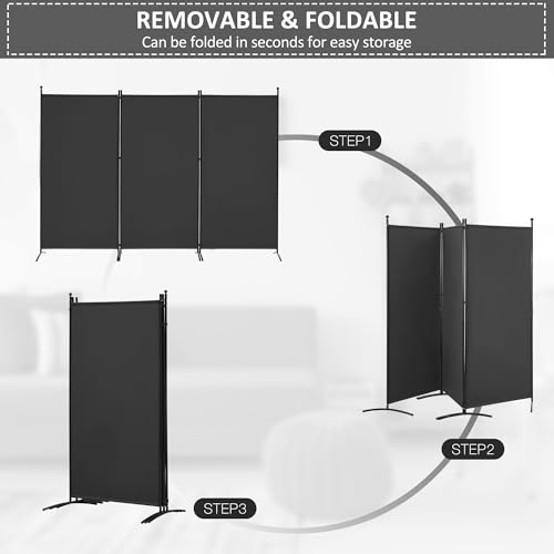 3 Panel Folding Fabric Room Divider, 102" W x 71" H (Black) S947799