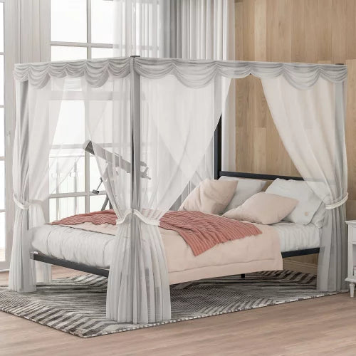 Black Metal Queen Canopy Bed Frame with Headboard C98222