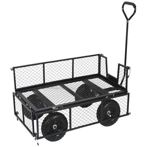 Black 10" Flat Free Tires Steel Garden Cart with Removable Sides A825455