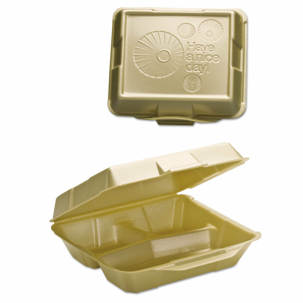 Foam Hinged Carryout Container 3-Comp 9-1/4x9-1/4x3 Sesame 100/bg 2 BG/CT F180