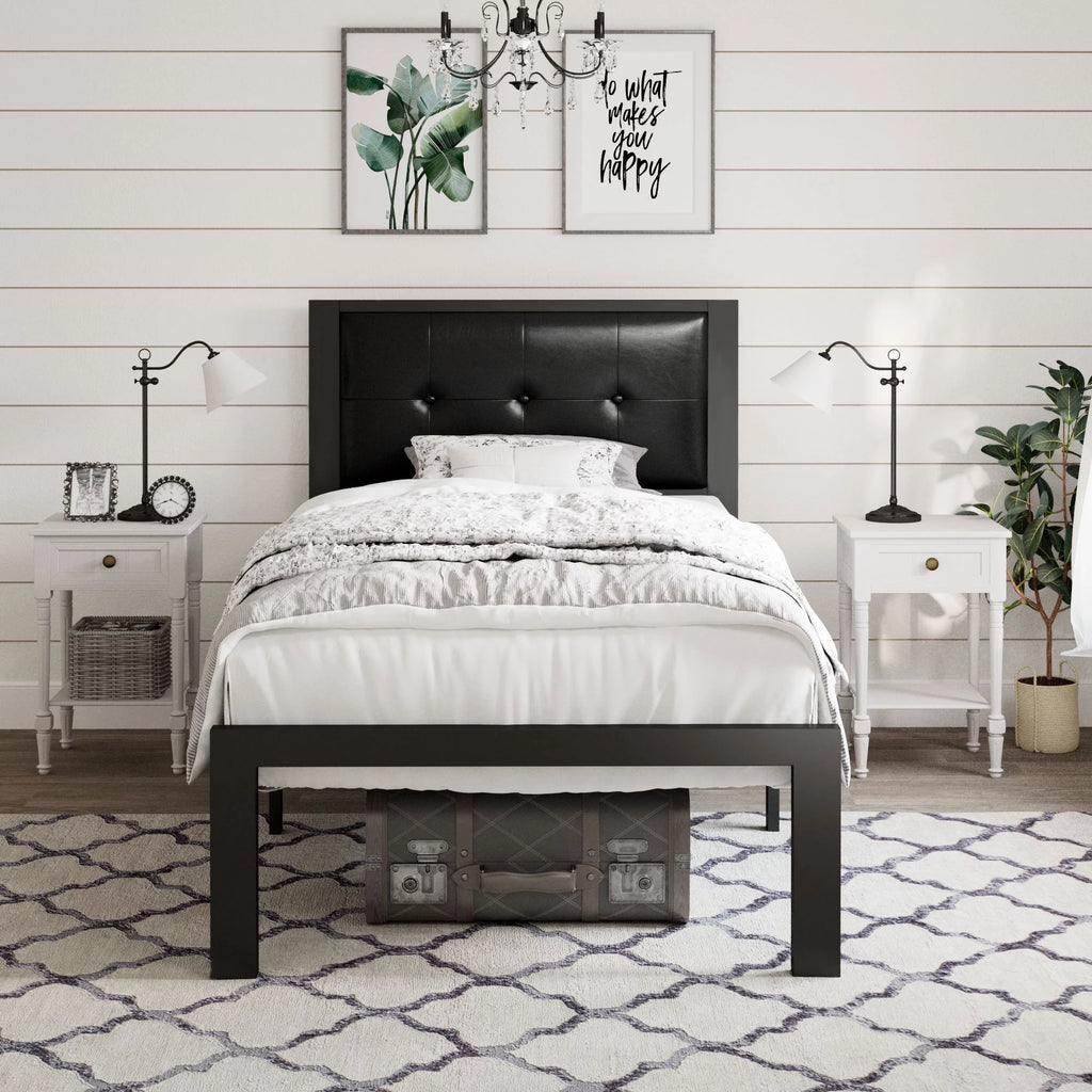 Twin Size Dark Grey Metal Platform Bed with Upholstered Headboard Z7745
