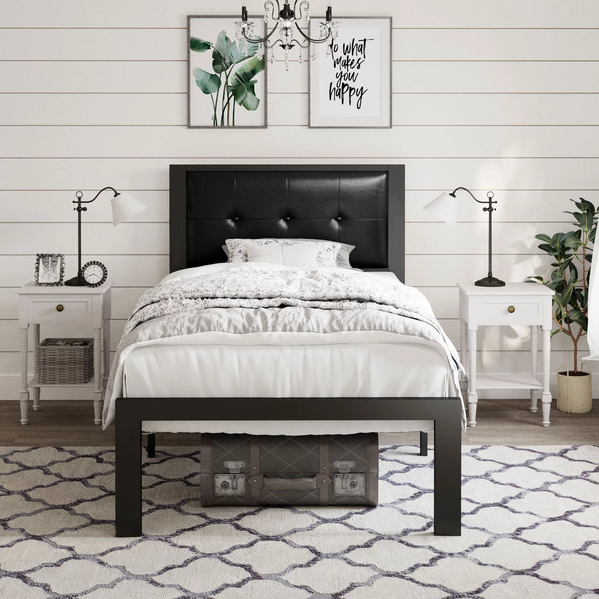 Twin Size Dark Grey Metal Platform Bed with Upholstered Headboard Z7745