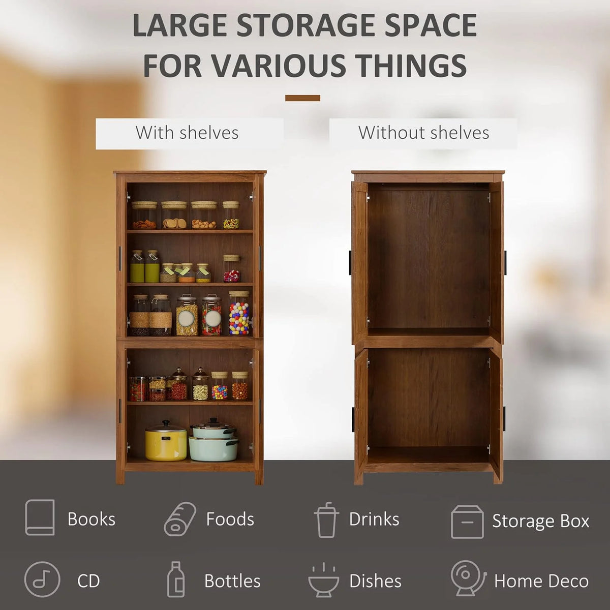 64" 4-Door Oak Kitchen Pantry Cabinet with 3 Adjustable Shelves Q984