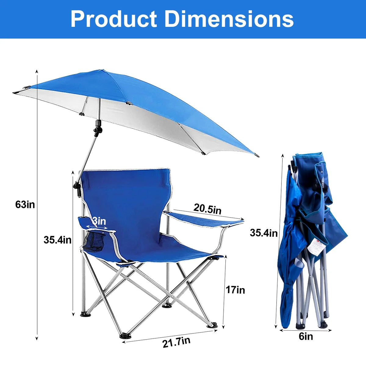 Blue Foldable Beach Chair with Detachable Umbrella Cup Holder Carry Bag X803037