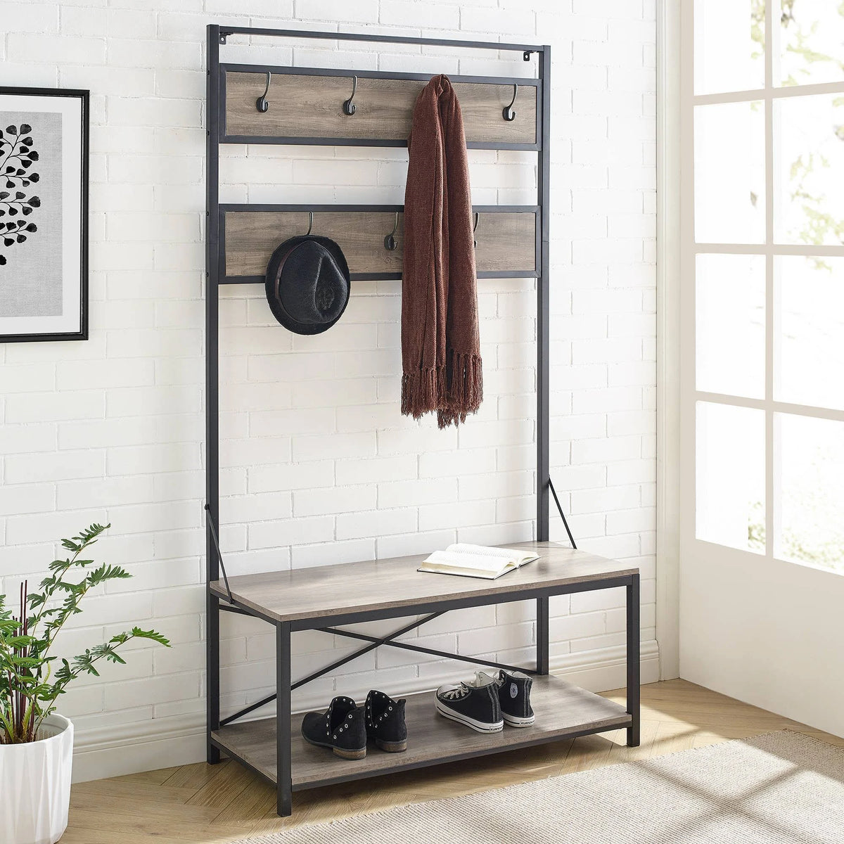 Industrial Metal and Wood Hall Tree Gray Wash M2742