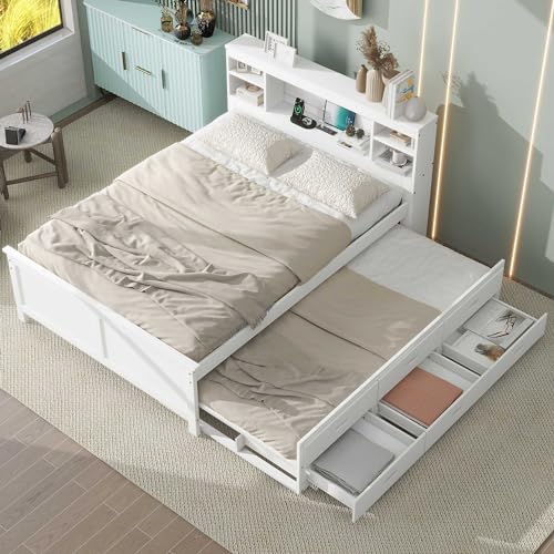 White Full Size Wood Platform Bed with Trundle and 3 Drawers N226570