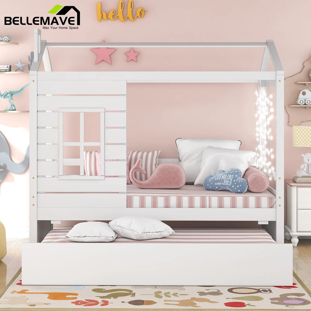 White Wood Twin Size House-Shaped Platform Bed with Trundle R382426