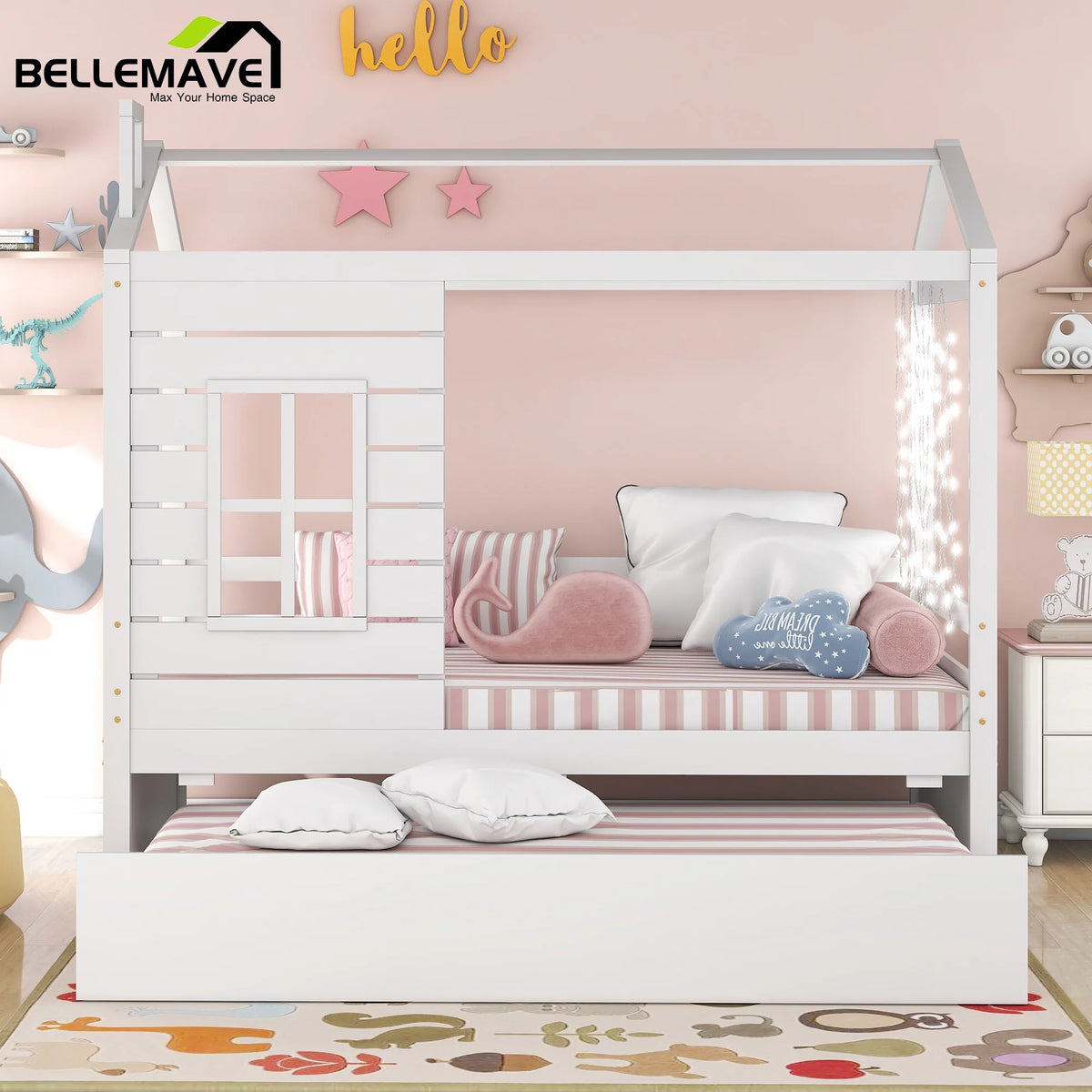 White Wood Twin Size House-Shaped Platform Bed with Trundle R382426