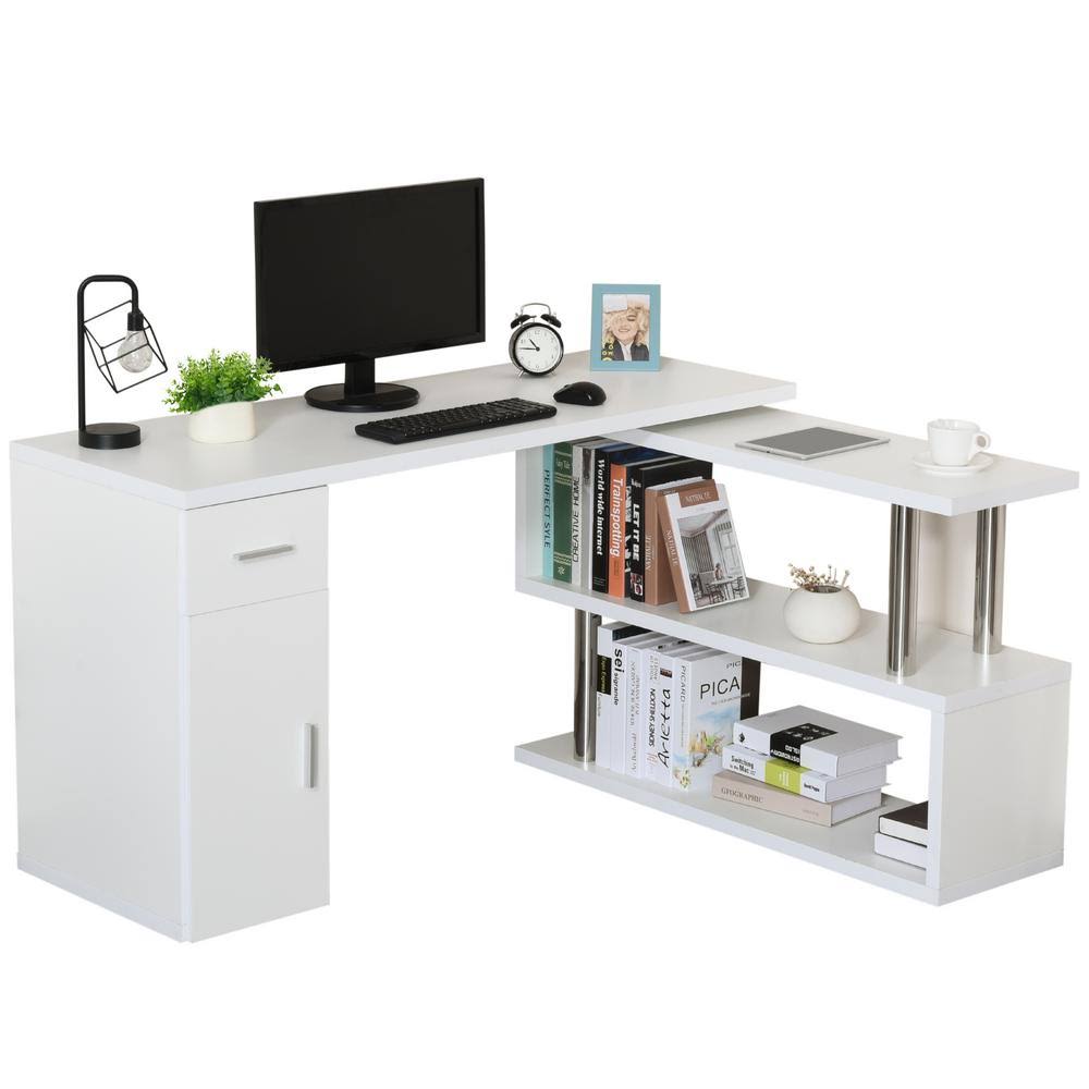 White L-Shaped Computer Desk with Storage Shelves, Cabinet and Drawer W47294