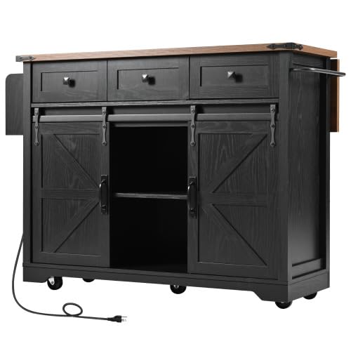 Black Farmhouse Kitchen Island with Power Outlet, 2 Sliding Barn Door, Drop Leaf, Spice Rack, Rolling Cart on Wheels L364