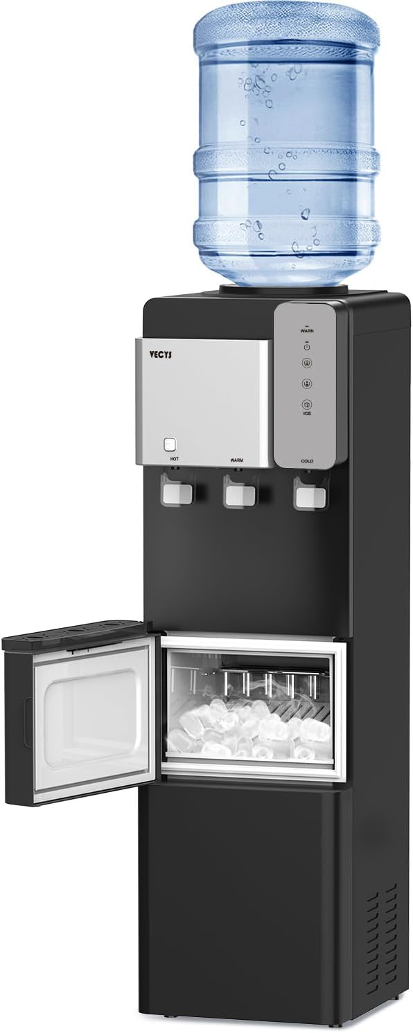 Water Dispenser Cooler with Ice Maker, 27LBS Daily Ice Making, Hot Cold Water, Child Safety Lock, Compatible with 3 or 5 Gallon Bottles I444813