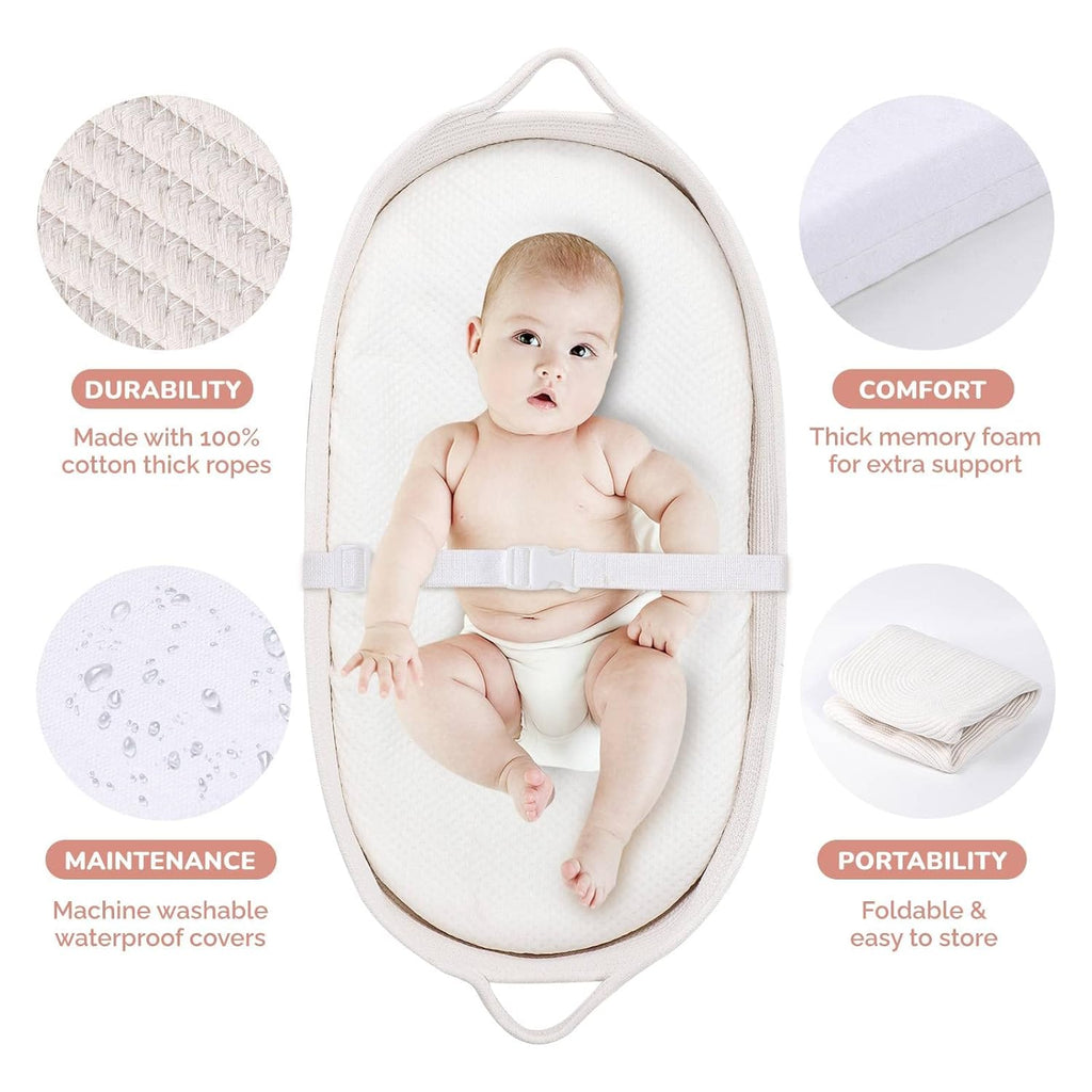 Baby Changing Moses Basket with Memory Foam Mattress, 100% Cotton Rope A613505