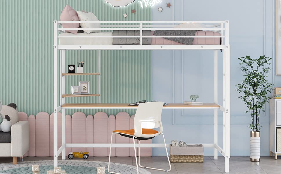 White Metal Twin Loft Bed with Desk and Shelves O554939