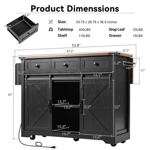 Black Farmhouse Kitchen Island with Power Outlet, 2 Sliding Barn Door, Drop Leaf, Spice Rack, Rolling Cart on Wheels L364