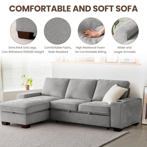 99" Convertible Sleeper Sofa Bed L Shaped with Storage Chaise Pull Out Couch Chenille Covers (Gray) S5371