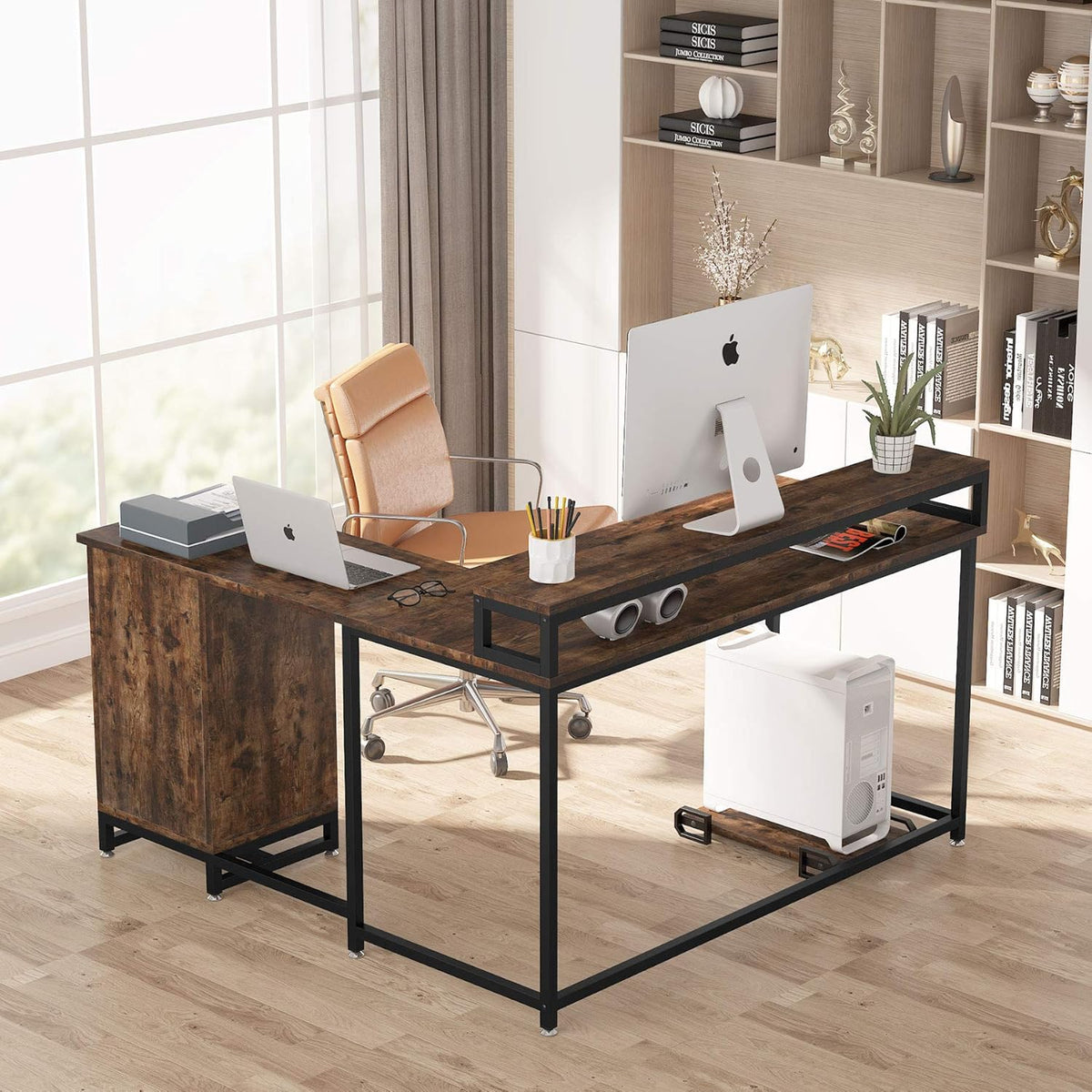 L Shaped Computer Desk with Drawer and Storage Cabinet D1509