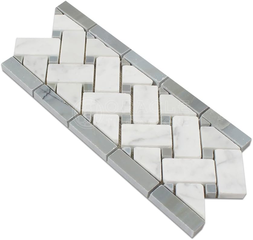 Carrara White Marble Basketweave Border Mosaic Tile with Blue Gray Marble Dots, Polished R223