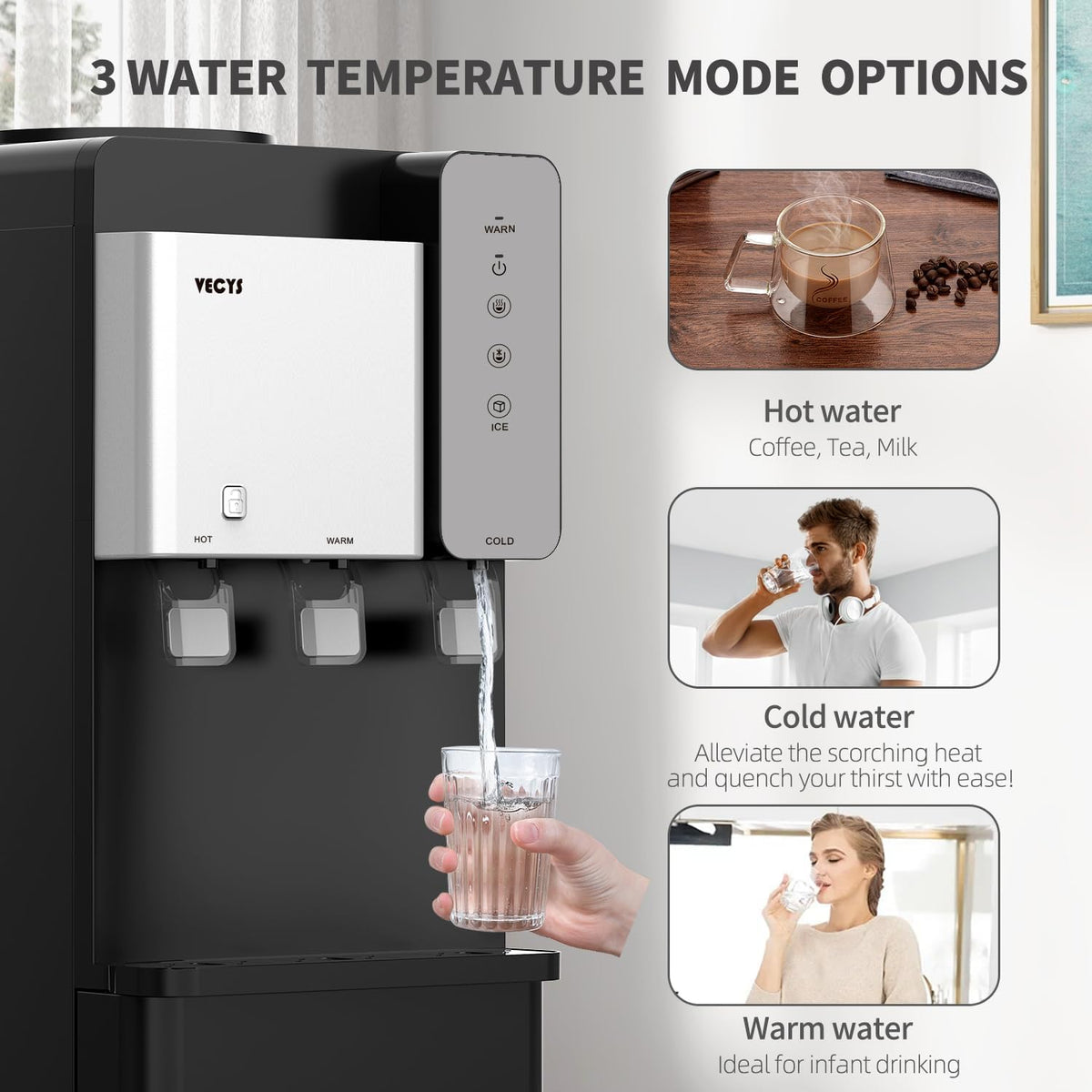 Water Dispenser Cooler with Ice Maker, 27LBS Daily Ice Making, Hot Cold Water, Child Safety Lock, Compatible with 3 or 5 Gallon Bottles I444813