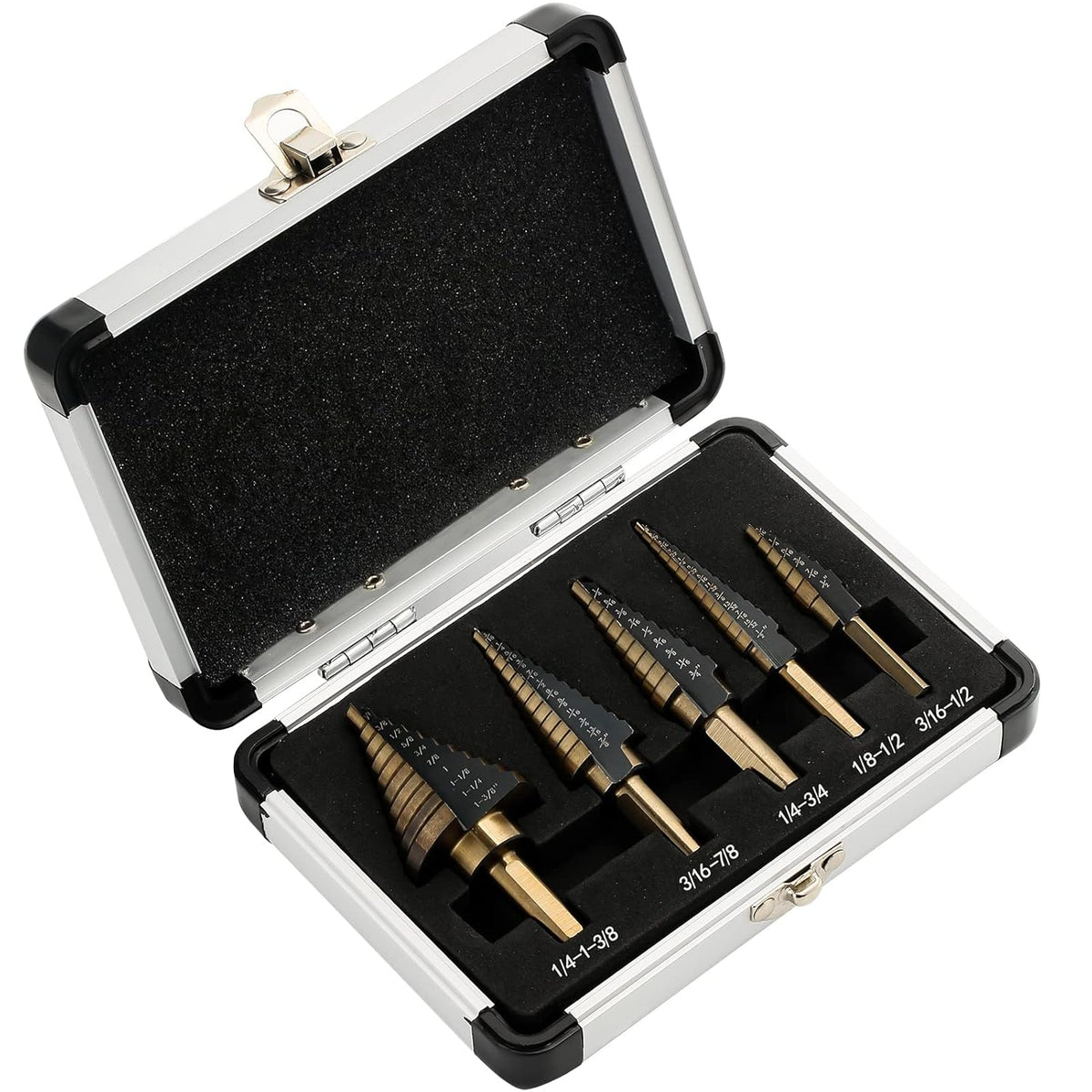 5 Pc HSS Titanium Coated Step Drill Bit Set with Aluminum Case G427518