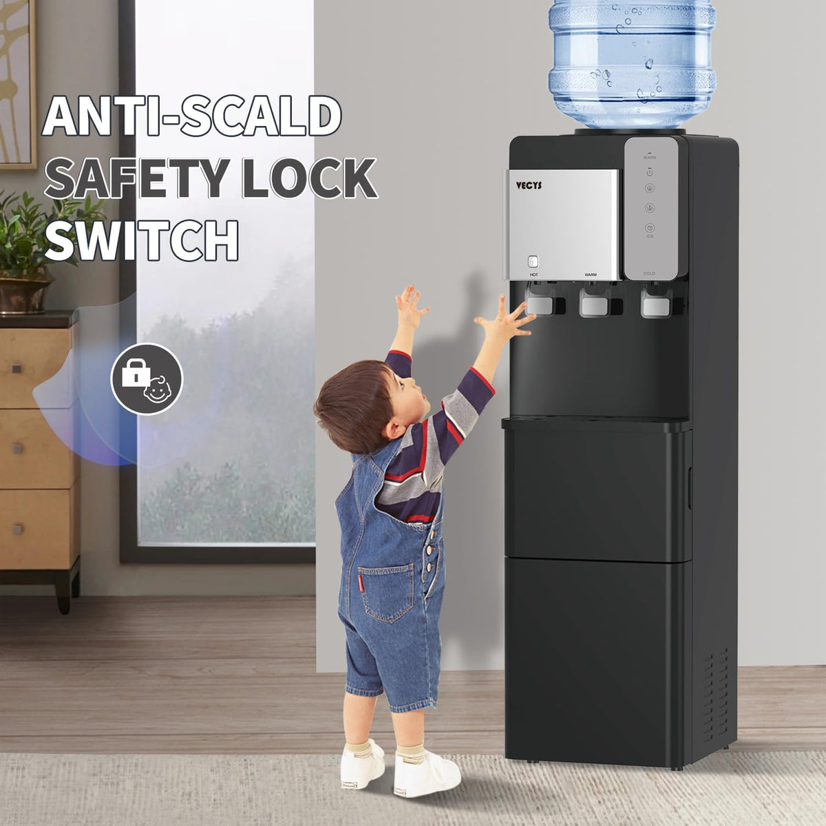 Water Dispenser Cooler with Ice Maker, 27LBS Daily Ice Making, Hot Cold Water, Child Safety Lock, Compatible with 3 or 5 Gallon Bottles I444813