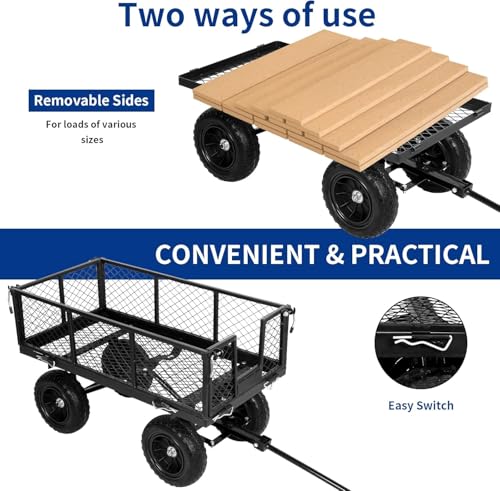 Black 10" Flat Free Tires Steel Garden Cart with Removable Sides A825455