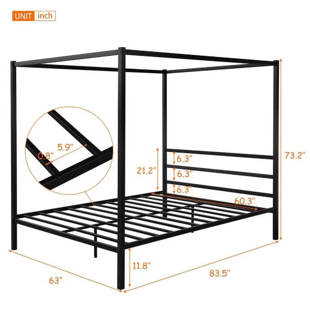 Black Metal Queen Canopy Bed Frame with Headboard C98222