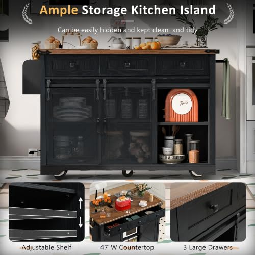 Black Farmhouse Kitchen Island with Power Outlet, 2 Sliding Barn Door, Drop Leaf, Spice Rack, Rolling Cart on Wheels L364