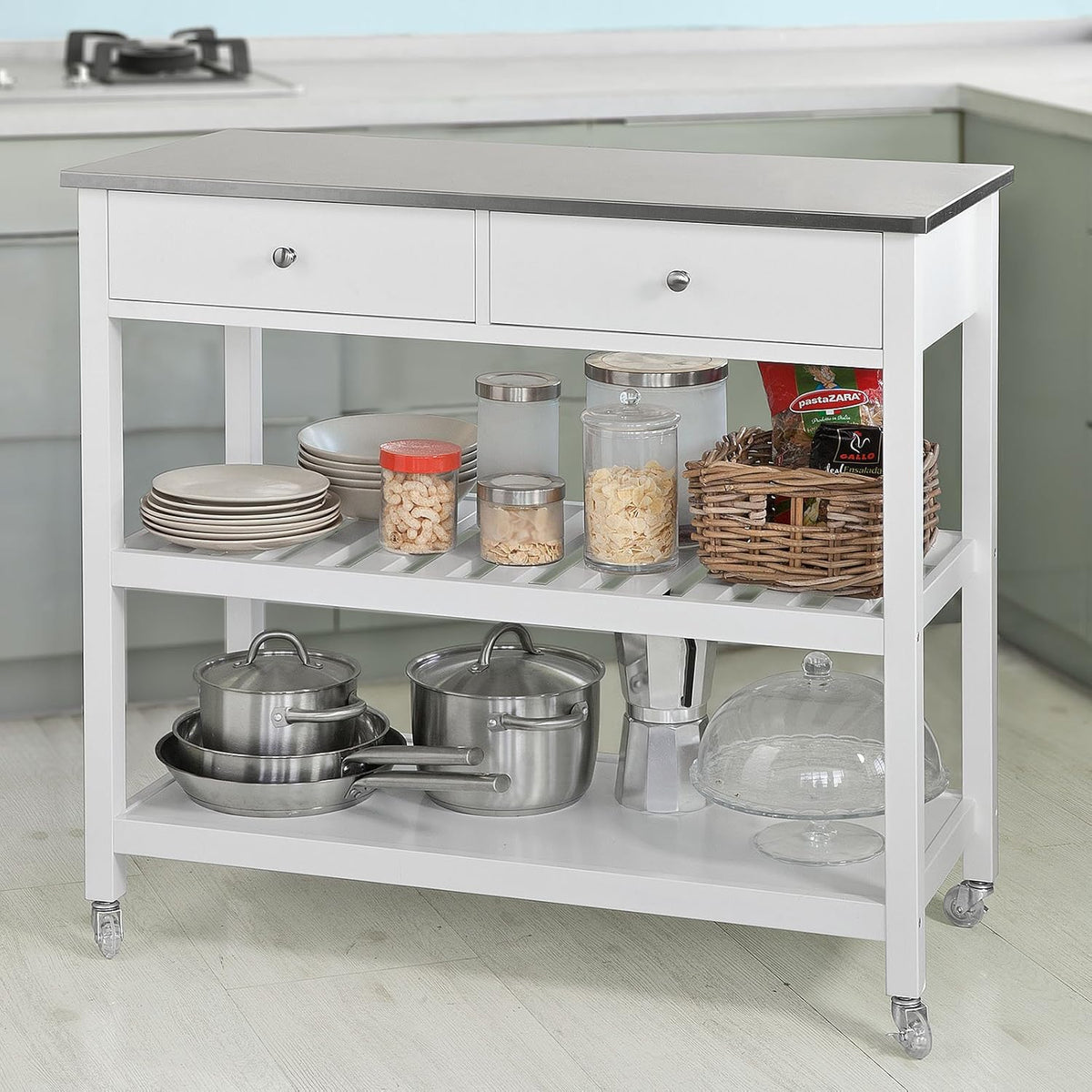 Kitchen Storage Trolley with Rubber Wood & Marble Top X852071