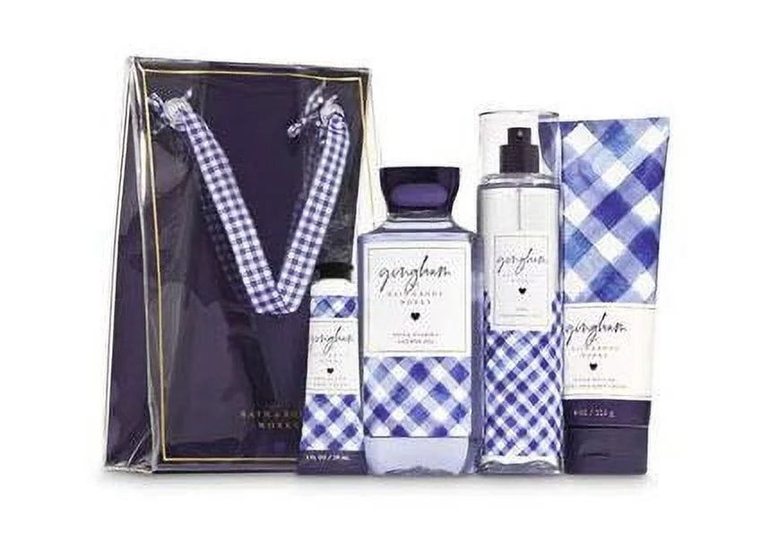Gingham Gift Bag Set with Body Cream, Shower Gel, Hand Cream, and Fine Fragrance Mist G7058