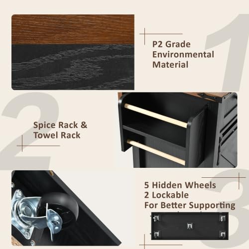 Black Farmhouse Kitchen Island with Power Outlet, 2 Sliding Barn Door, Drop Leaf, Spice Rack, Rolling Cart on Wheels L364