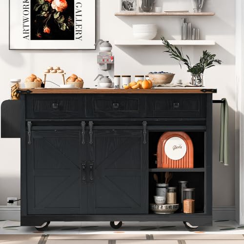 Black Farmhouse Kitchen Island with Power Outlet, 2 Sliding Barn Door, Drop Leaf, Spice Rack, Rolling Cart on Wheels L364