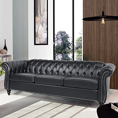 84" Dark Brown Leather Tufted 3 Seater Chesterfield Sofa L7879